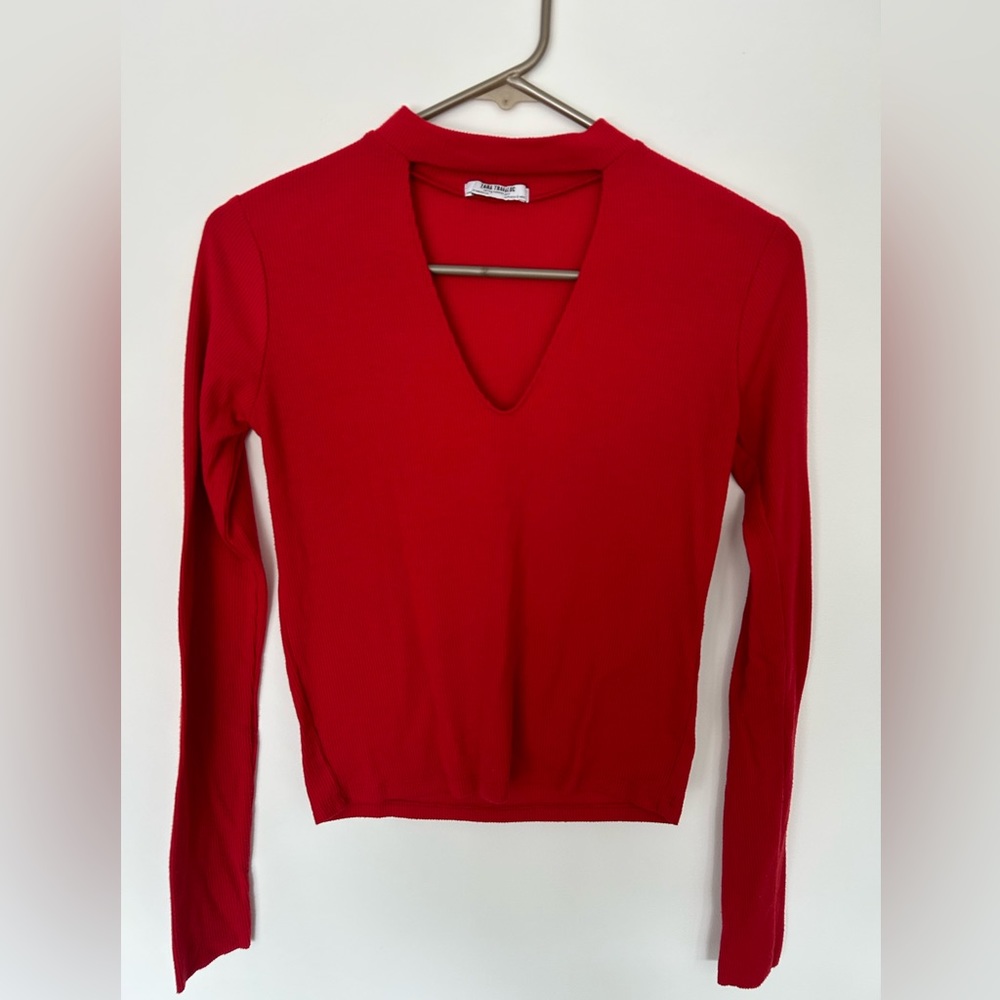 ZARA Red Long Sleeve V-Neck Top, Choker Style Neckline Size S